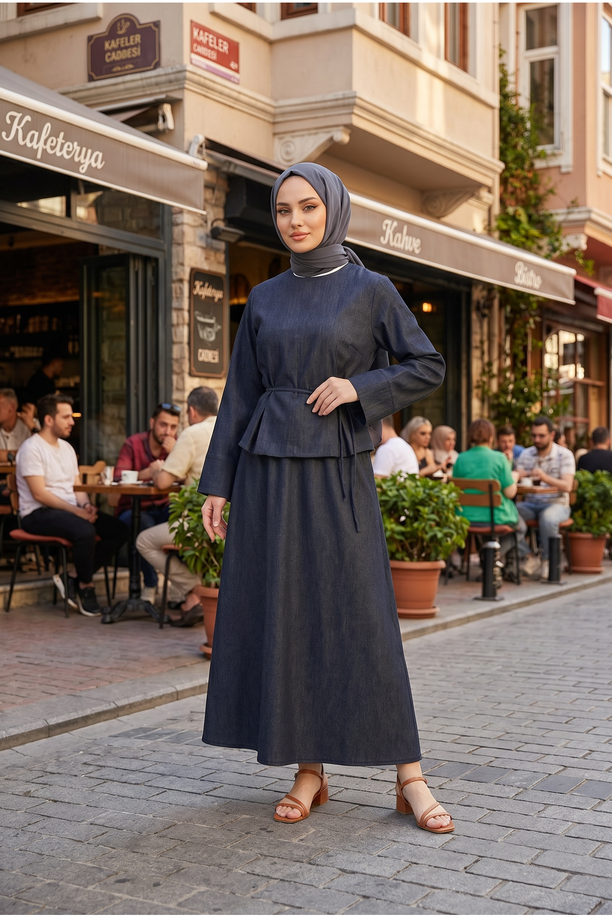 Kadın Siyah Tesettür Takım Kuşaklı İkili Takım Uzun Etekli Şık Kombin Günlük Özel Gün İkili Takımı