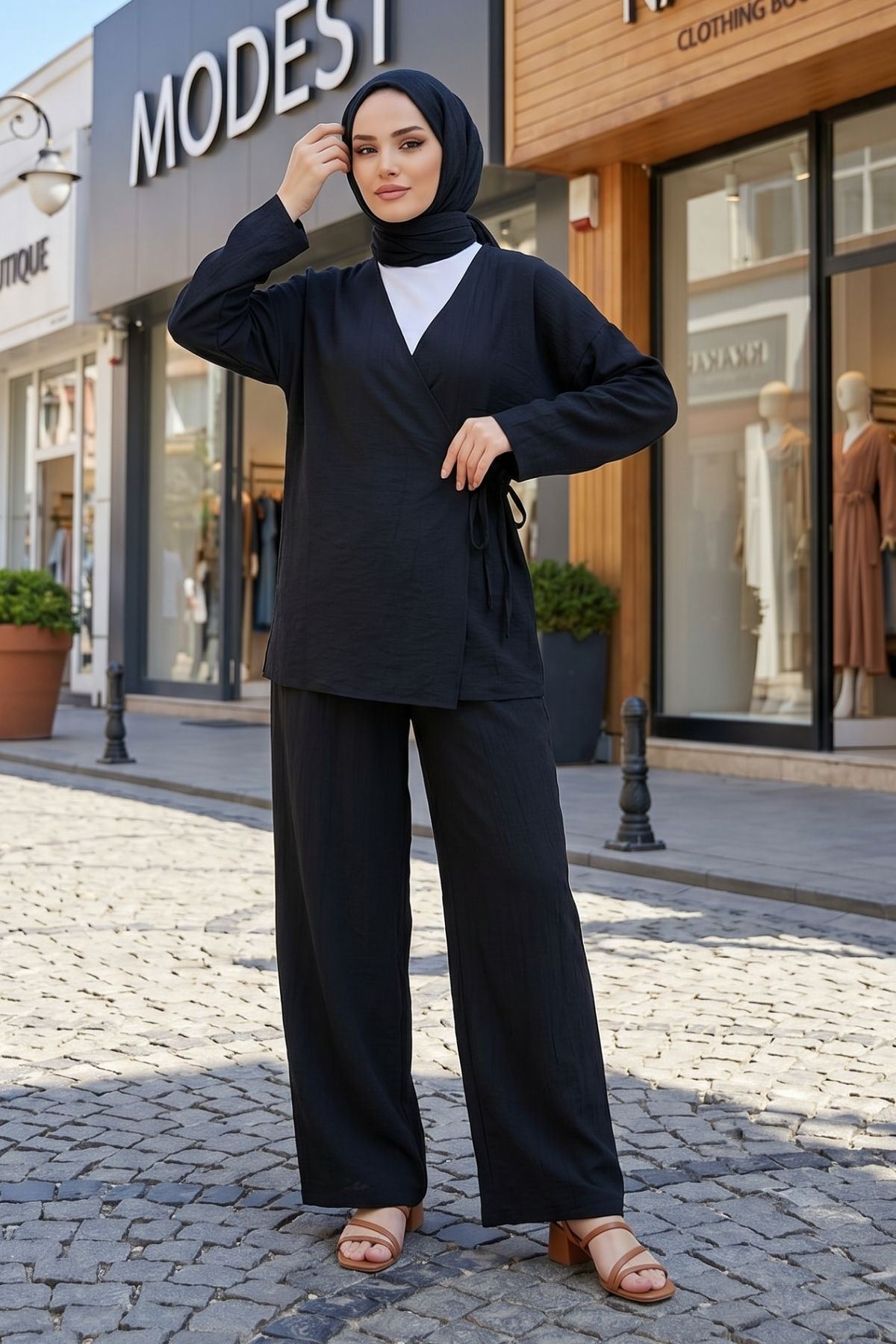 Kadın Siyah Yandan Bağlamalı Çilek Kumaş Kimono Tunik Pantolon Takım Kombin 