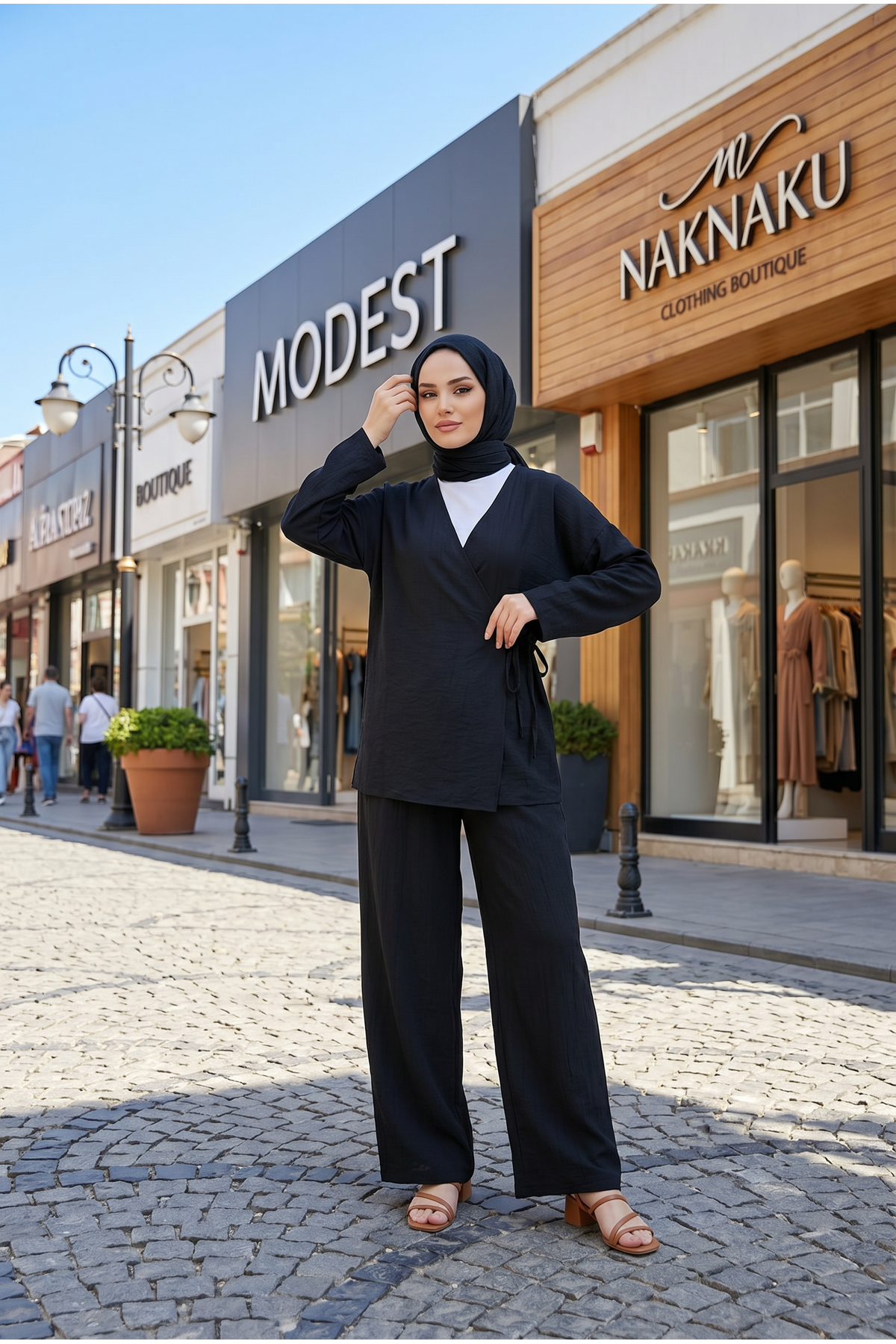 Kadın Siyah Yandan Bağlamalı Çilek Kumaş Kimono Tunik Pantolon Takım Kombin 