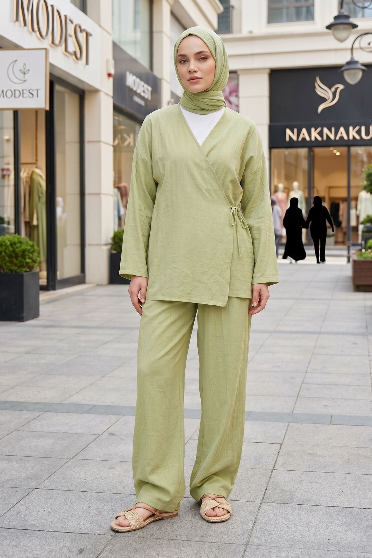 Kadın Yağ Yeşili Yandan Bağlamalı Çilek Kumaş Kimono Tunik Pantolon Takım Kombin 