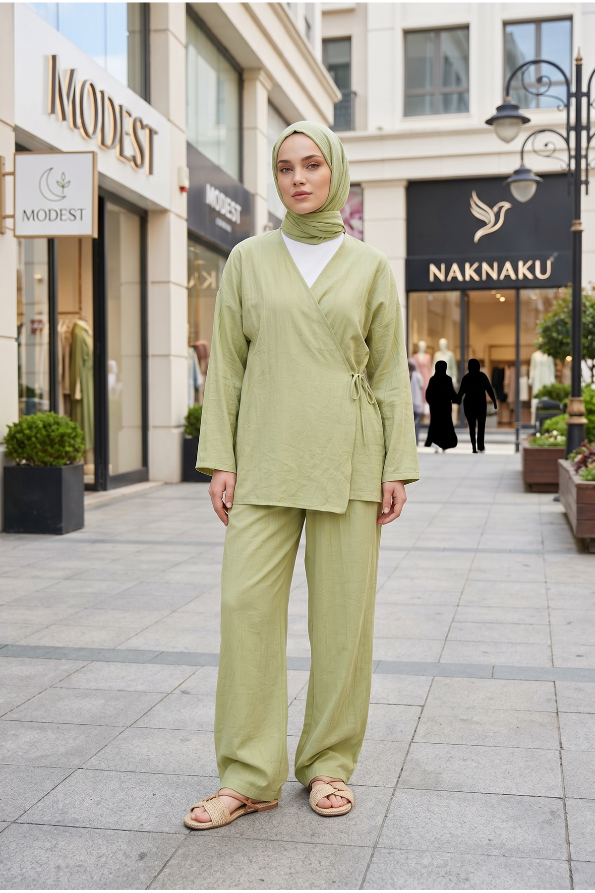 Kadın Yağ Yeşili Yandan Bağlamalı Çilek Kumaş Kimono Tunik Pantolon Takım Kombin 