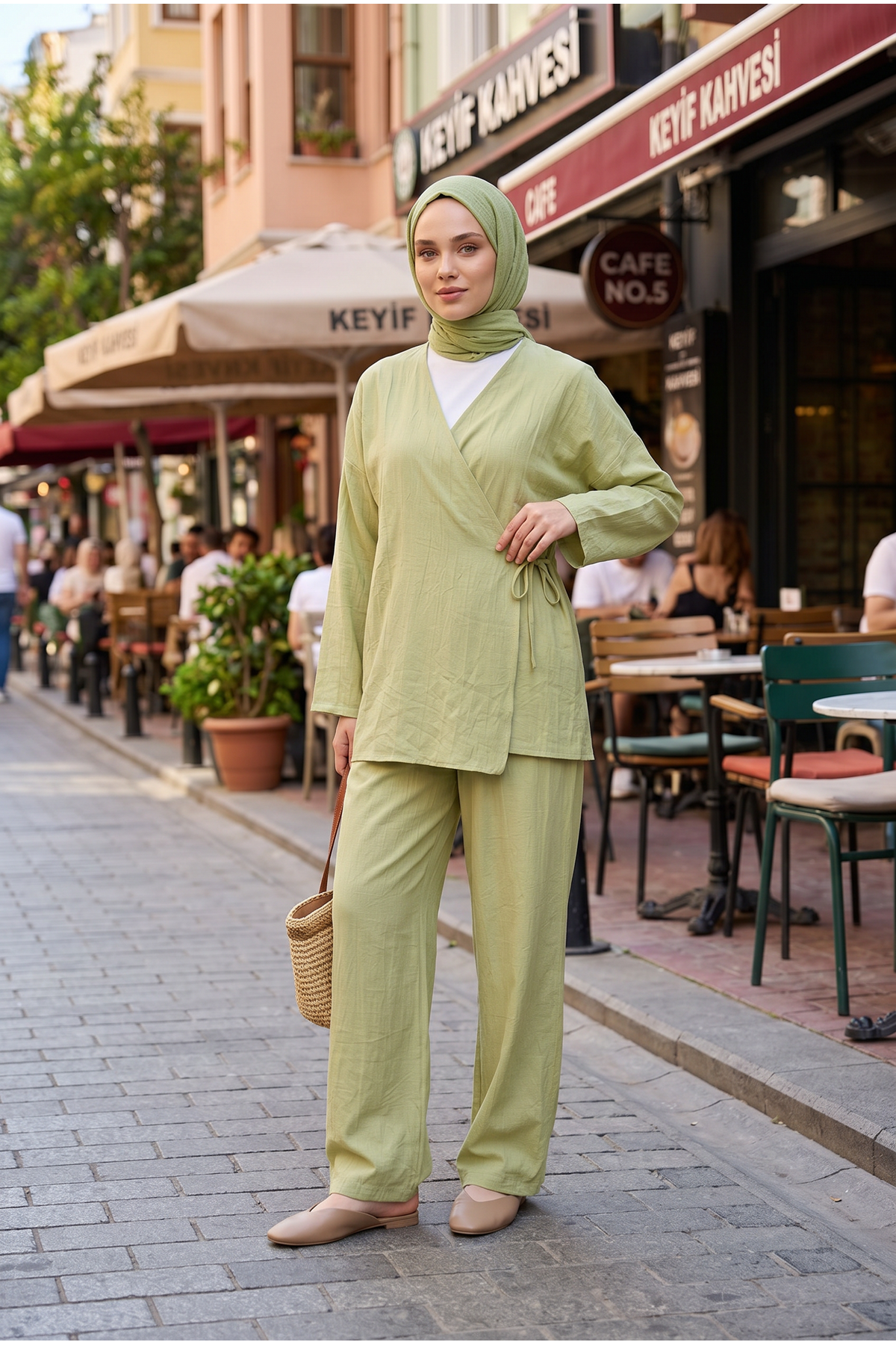 Kadın Yağ Yeşili Yandan Bağlamalı Çilek Kumaş Kimono Tunik Pantolon Takım Kombin 