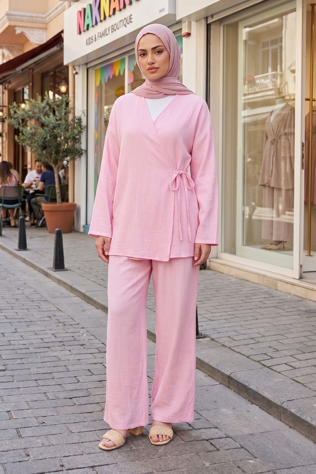 Kadın Pembe Yandan Bağlamalı Çilek Kumaş Kimono Tunik Pantolon Takım Kombin 