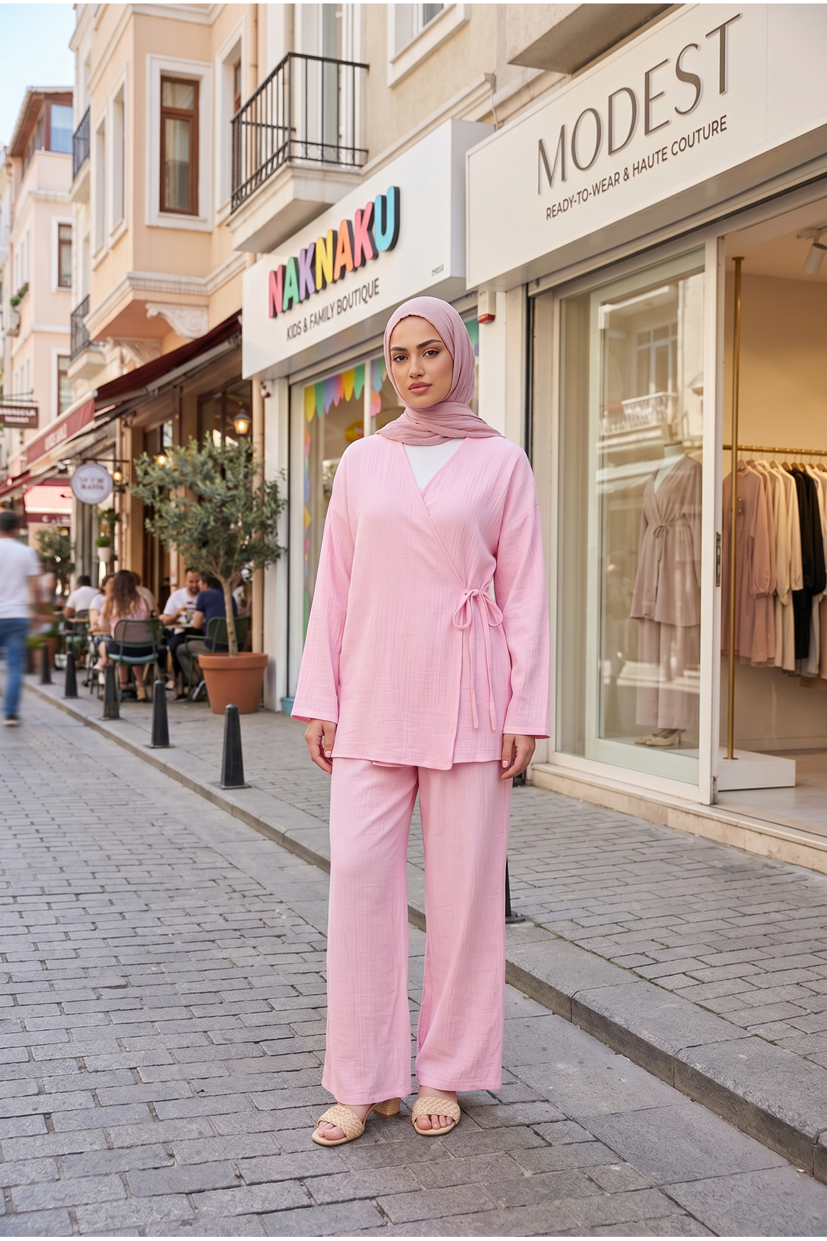 Kadın Pembe Yandan Bağlamalı Çilek Kumaş Kimono Tunik Pantolon Takım Kombin 