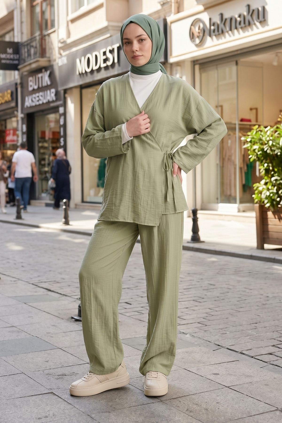 Kadın Haki Yandan Bağlamalı Çilek Kumaş Kimono Tunik Pantolon Takım Kombin 