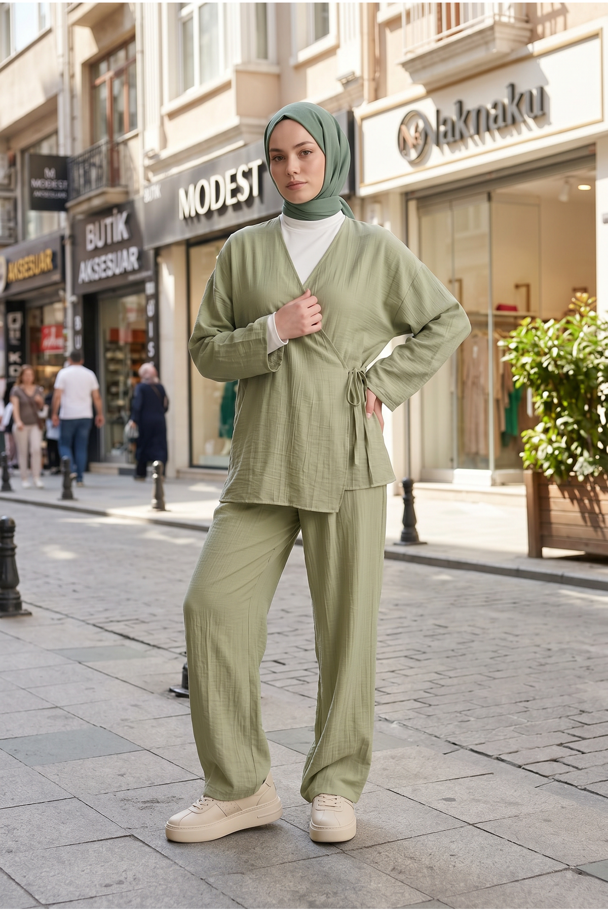Kadın Haki Yandan Bağlamalı Çilek Kumaş Kimono Tunik Pantolon Takım Kombin 