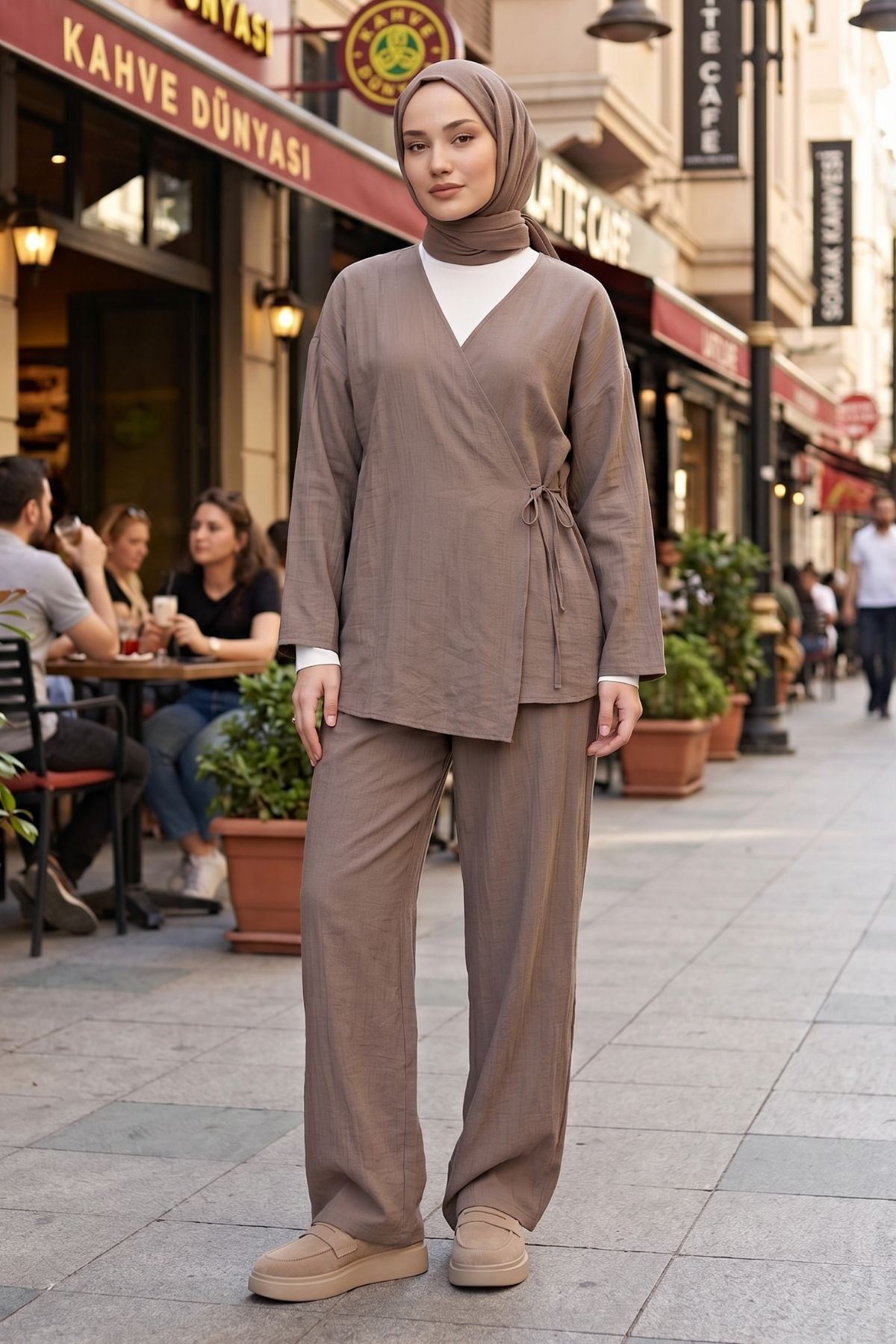 Kadın Duman Yandan Bağlamalı Çilek Kumaş Kimono Tunik Pantolon Takım Kombin 