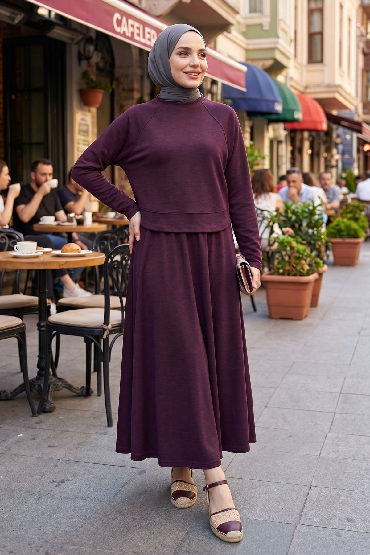 Kadın Bordo İnce Pike Kumaş Yazlık Spor Günlük İkili Etekli Takım Tesettür Kombin Takım