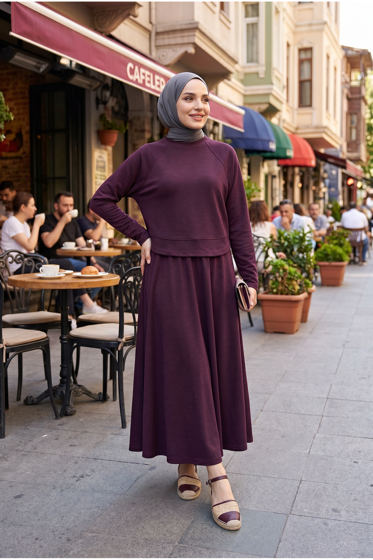 Kadın Bordo İnce Pike Kumaş Yazlık Spor Günlük İkili Etekli Takım Tesettür Kombin Takım