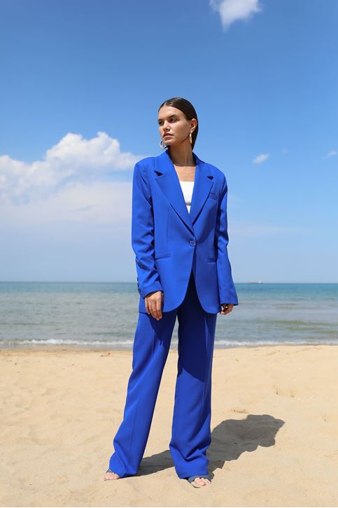 Kadın Tek Düğme Kapamalı Uzun Kol Cepli Retro Ceket Palazzo Pantolon Takım Saks