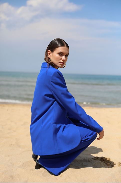 Kadın Tek Düğme Kapamalı Uzun Kol Cepli Retro Ceket Palazzo Pantolon Takım Saks