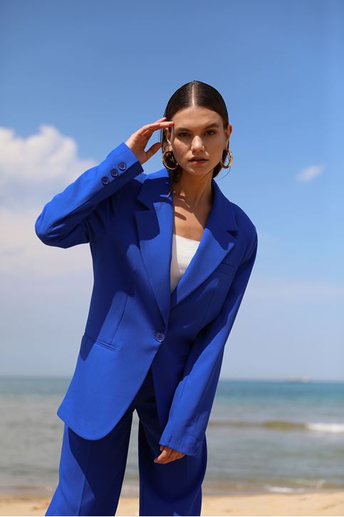 Kadın Tek Düğme Kapamalı Uzun Kol Cepli Retro Ceket Palazzo Pantolon Takım Saks