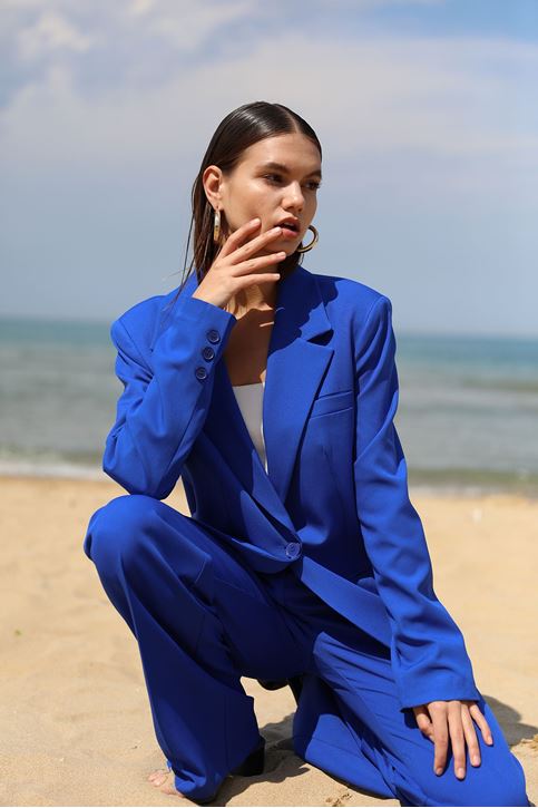 Kadın Tek Düğme Kapamalı Uzun Kol Cepli Retro Ceket Palazzo Pantolon Takım Saks