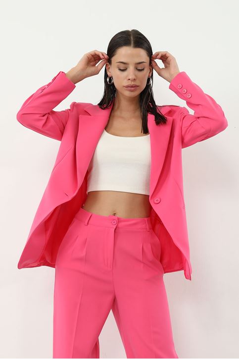 Kadın Tek Düğme Kapamalı Uzun Kol Cepli Retro Ceket Palazzo Pantolon Takım Fuşya