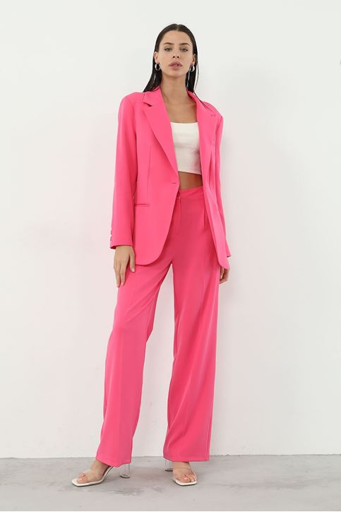 Kadın Tek Düğme Kapamalı Uzun Kol Cepli Retro Ceket Palazzo Pantolon Takım Fuşya
