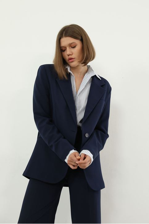 Kadın Tek Düğme Kapamalı Uzun Kol Cepli Retro Ceket Palazzo Pantolon Takım Lacivert