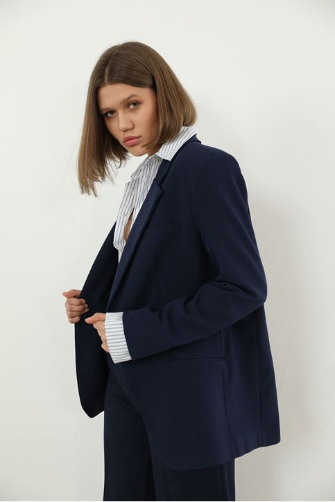 Kadın Tek Düğme Kapamalı Uzun Kol Cepli Retro Ceket Palazzo Pantolon Takım Lacivert