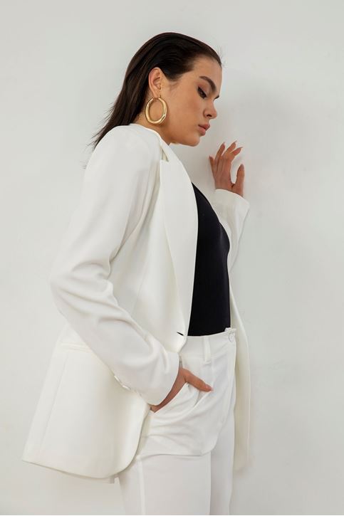 Kadın Tek Düğme Kapamalı Uzun Kol Cepli Retro Ceket Palazzo Pantolon Takım Ekru