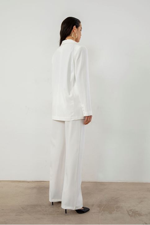 Kadın Tek Düğme Kapamalı Uzun Kol Cepli Retro Ceket Palazzo Pantolon Takım Ekru