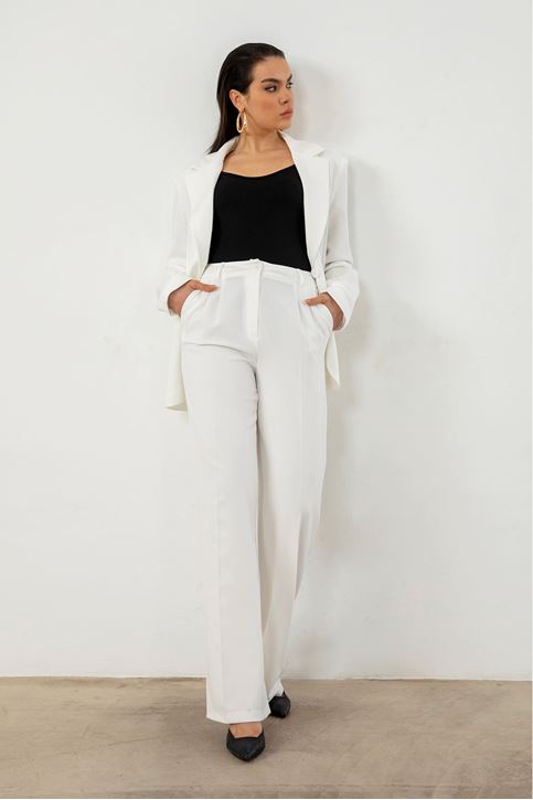 Kadın Tek Düğme Kapamalı Uzun Kol Cepli Retro Ceket Palazzo Pantolon Takım Ekru