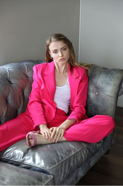 Kadın Tek Düğme Kapamalı Uzun Kol Cepli Retro Ceket Palazzo Pantolon Takım Koyu Fuşya