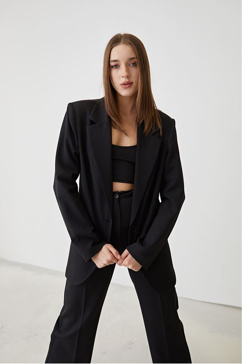 Kadın Tek Düğme Kapamalı Uzun Kol Cepli Retro Ceket Palazzo Pantolon Takım Siyah