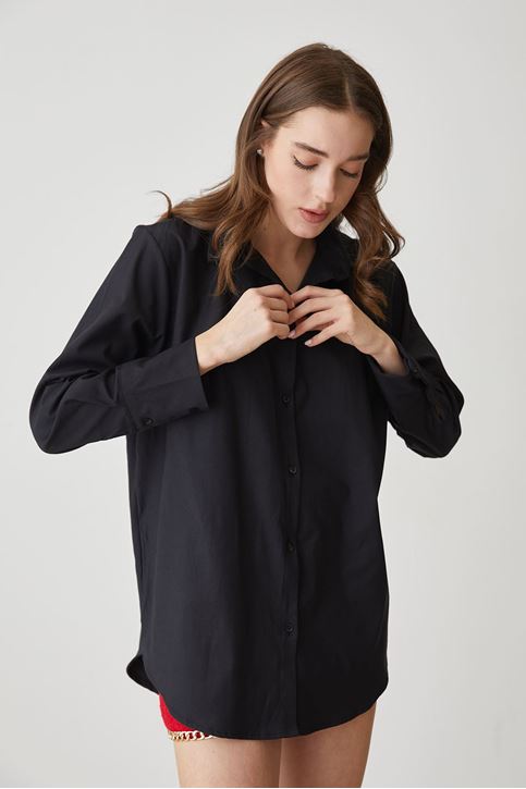Kadın Boydan Düğmeli Kol Manşetli Oversize 36/42 Beden Uyumlu Gömlek Siyah
