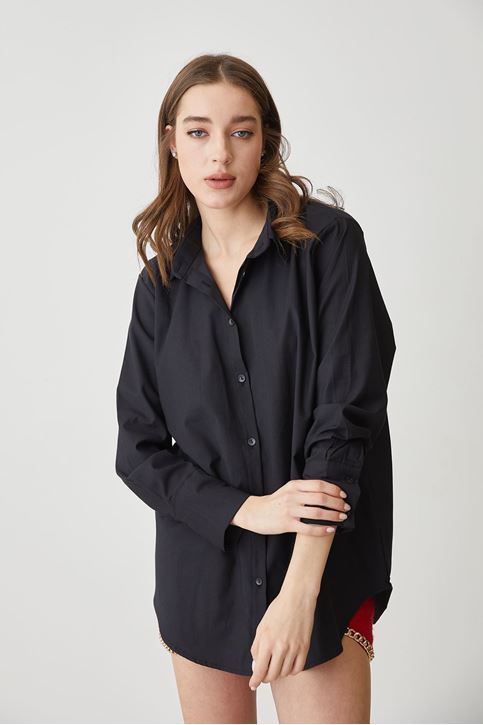 Kadın Boydan Düğmeli Kol Manşetli Oversize 36/42 Beden Uyumlu Gömlek Siyah