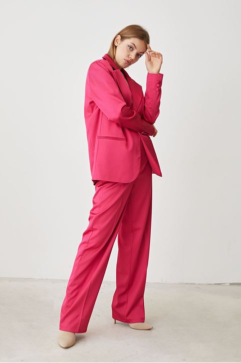 Kadın Tek Düğme Kapamalı Cep Detay Saten Kumaş Ceket Palazzo Pantolon Takım Fuşya