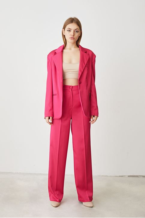 Kadın Tek Düğme Kapamalı Cep Detay Saten Kumaş Ceket Palazzo Pantolon Takım Fuşya