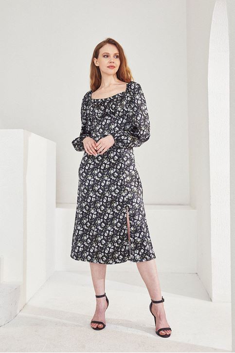 Kadın Çiçek Desen Saten Kolu Lastikli Elbise Siyah