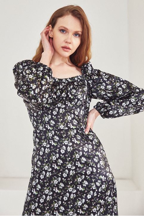 Kadın Çiçek Desen Saten Kolu Lastikli Elbise Siyah