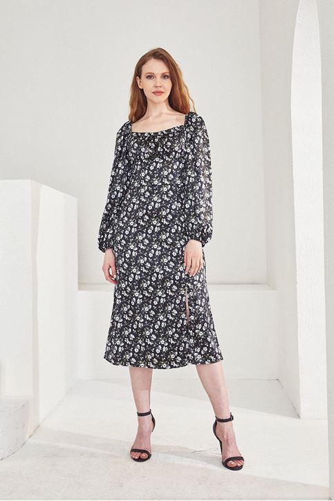 Kadın Çiçek Desen Saten Kolu Lastikli Elbise Siyah