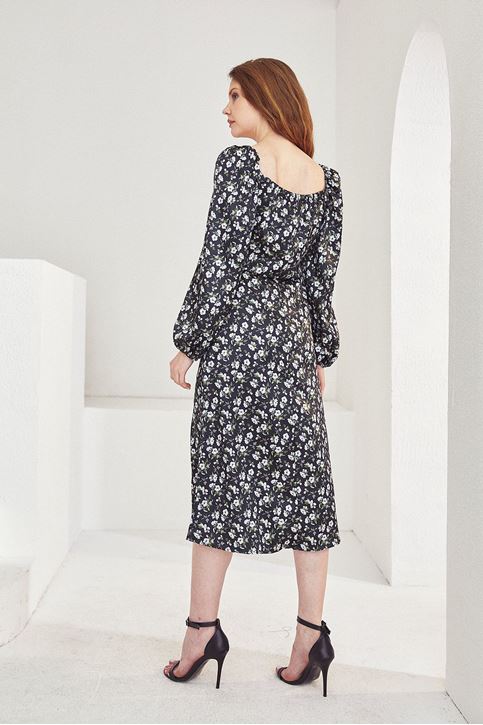 Kadın Çiçek Desen Saten Kolu Lastikli Elbise Siyah