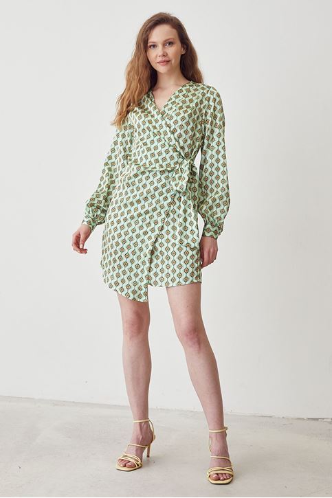 Kadın Çapraz Bağlamalı Uzun Kollu Saten Elbise Yeşil