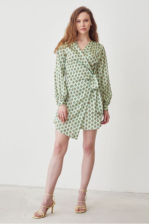 Kadın Çapraz Bağlamalı Uzun Kollu Saten Elbise Yeşil