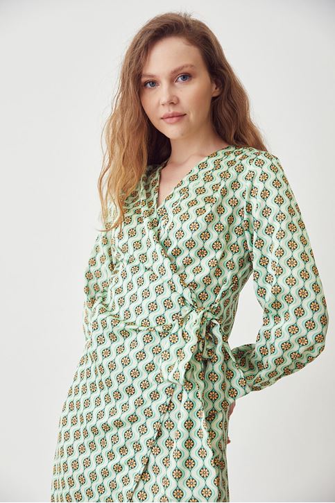 Kadın Çapraz Bağlamalı Uzun Kollu Saten Elbise Yeşil