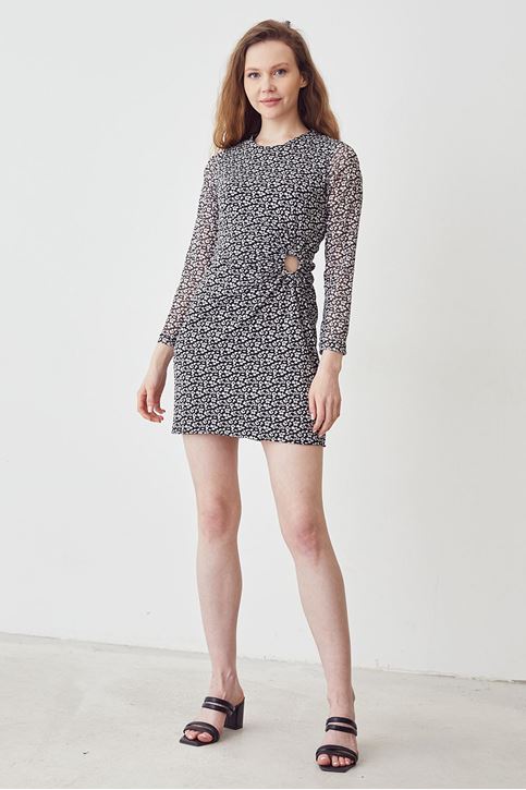 Kadın Beli Tokalı Uzun Kollu İnce Şifon Tül Mini Elbise Siyah