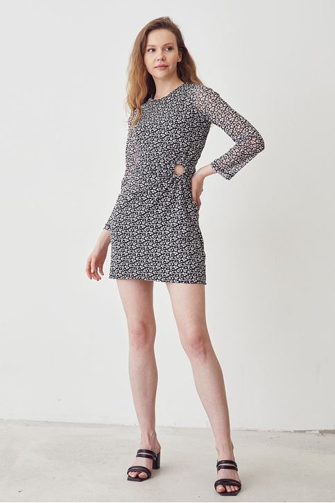 Kadın Beli Tokalı Uzun Kollu İnce Şifon Tül Mini Elbise Siyah