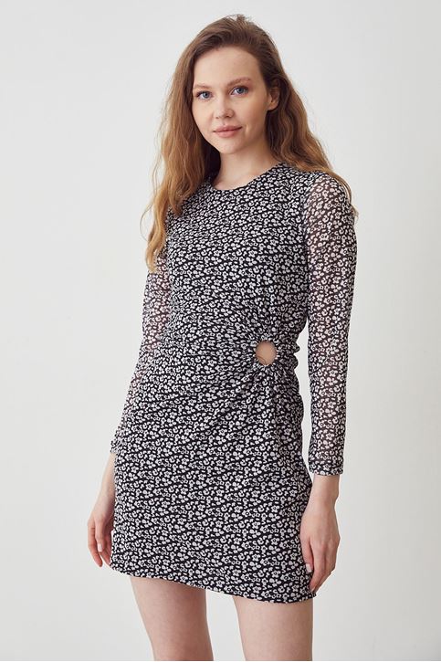 Kadın Beli Tokalı Uzun Kollu İnce Şifon Tül Mini Elbise Siyah