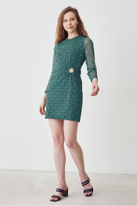 Kadın Beli Tokalı Uzun Kollu İnce Şifon Tül Mini Elbise Yeşil