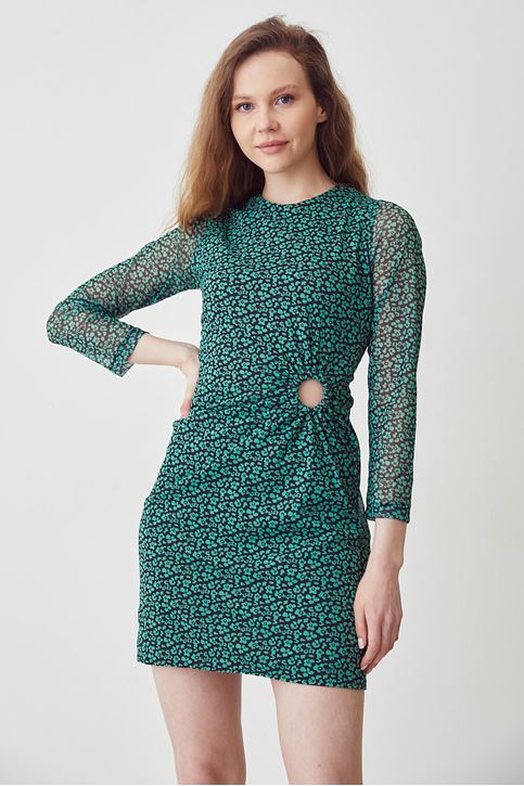 Kadın Beli Tokalı Uzun Kollu İnce Şifon Tül Mini Elbise Yeşil