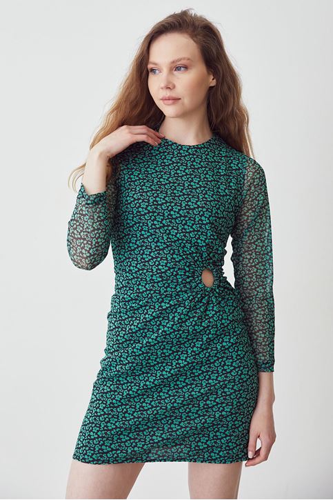 Kadın Beli Tokalı Uzun Kollu İnce Şifon Tül Mini Elbise Yeşil