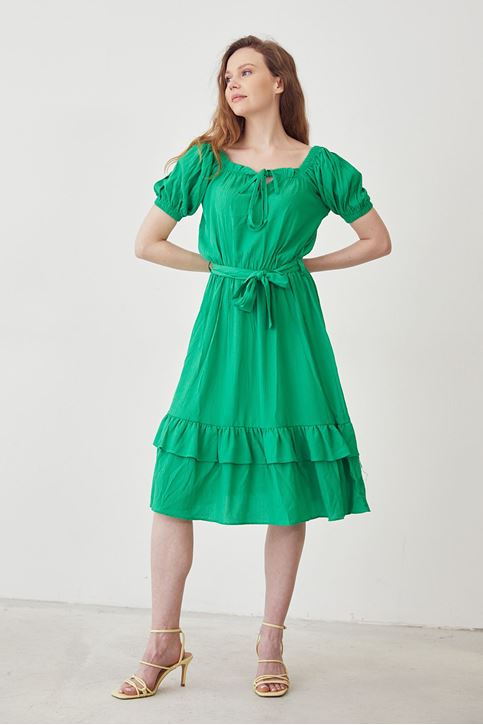 Kadın Önü Bağlama Detaylı Eteği Volanlı Elbise Yeşil
