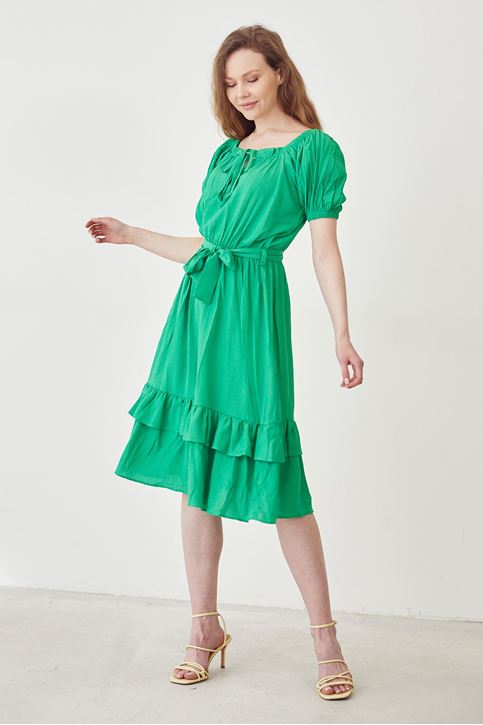 Kadın Önü Bağlama Detaylı Eteği Volanlı Elbise Yeşil