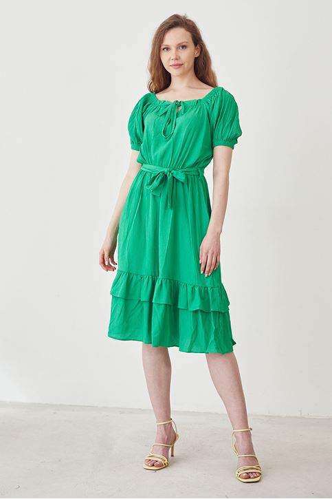 Kadın Önü Bağlama Detaylı Eteği Volanlı Elbise Yeşil