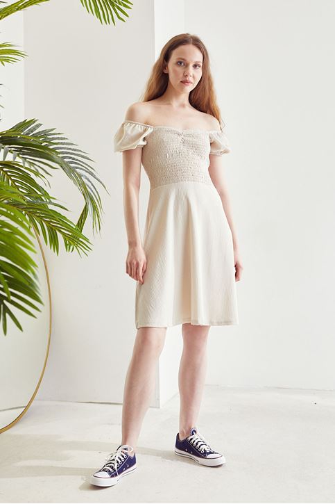 Kadın Madonna Yaka Önü Gipe Detaylı Gipeli Yazlık Elbise Taş