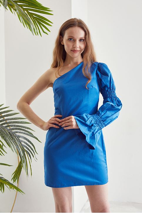 Kadın Tek Kollu Kolu Lastikli Omuz Dekolteli Mini Elbise İndigo