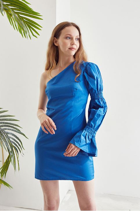 Kadın Tek Kollu Kolu Lastikli Omuz Dekolteli Mini Elbise İndigo