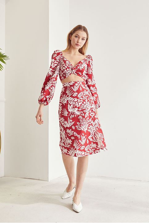 Kadın Desenli Crop Etek Takım Kırmızı